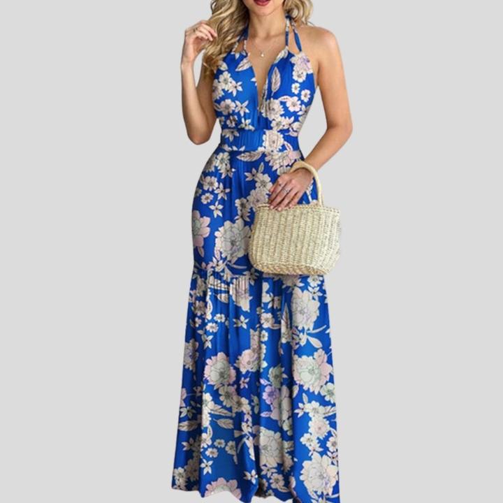 New European And American Halterneck Halter Print Holiday Style Long Skirt Dress Women