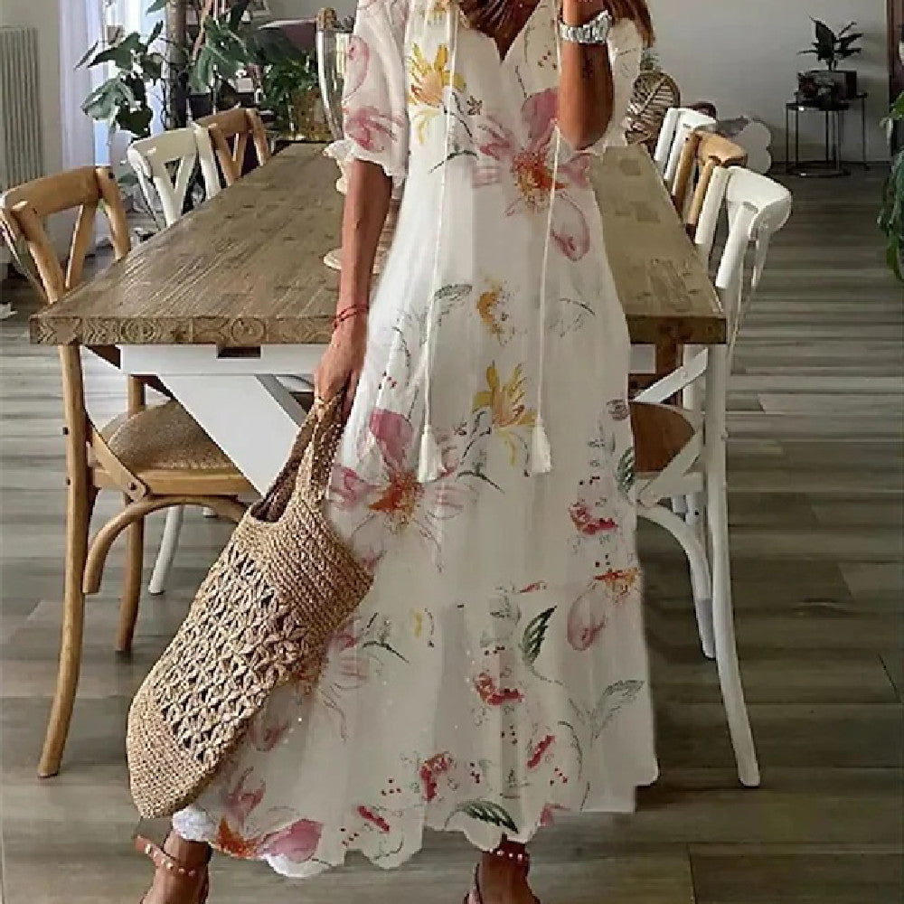 Women's Long Dress with Medium-Length Sleeves and Printed Design