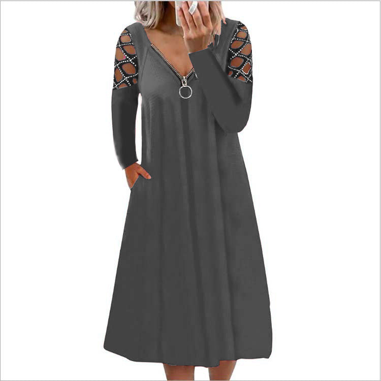 V-neck Solid Color Hollow Long-sleeved Hot Diamond Casual Dress