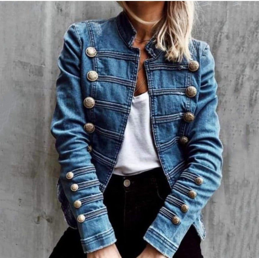 Double-Breasted Stitched Denim Jacket with Buckle Details