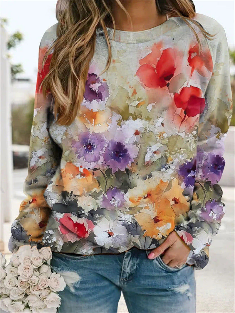 Floral Loose Print Long-sleeved Round Neck Sweater