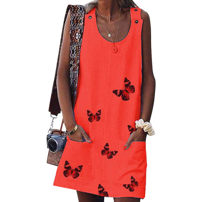 Casual Fashion Sleeveless Dress with Butterfly Print for Ladies.