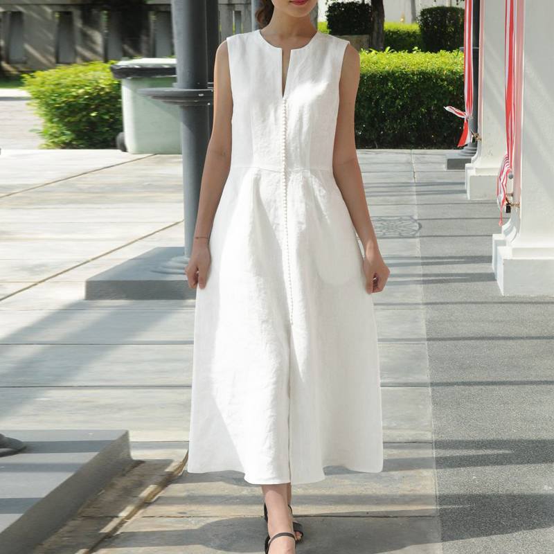 V-Neck Waistband Cotton And Linen Hem Slit Sleeveless Dress