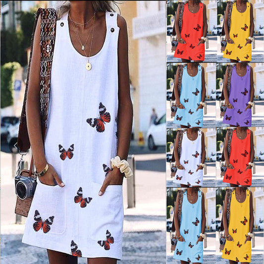 Casual Fashion Sleeveless Dress with Butterfly Print for Ladies.