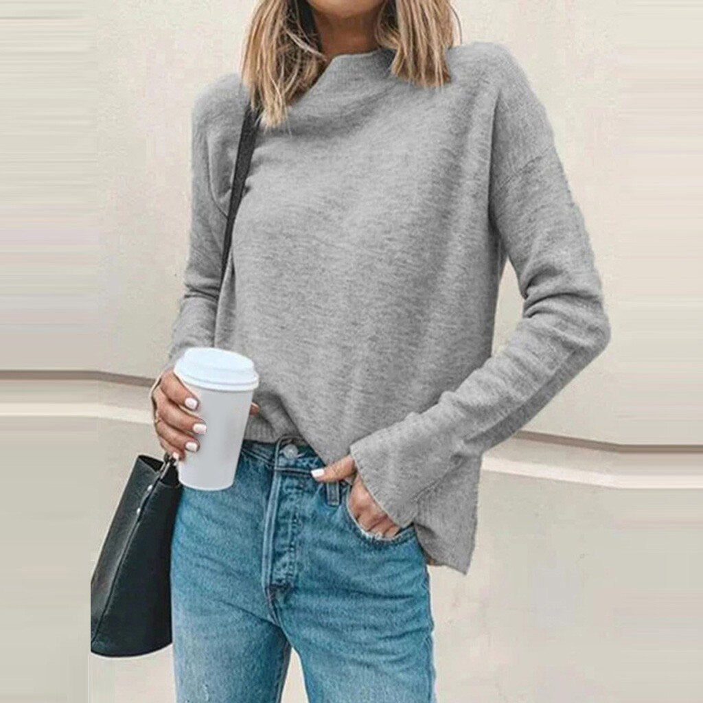 Casual high neck solid color long sleeve sweater