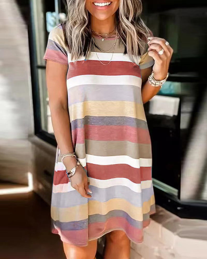 Women's Loose Striped Printed Short-sleeved Dress