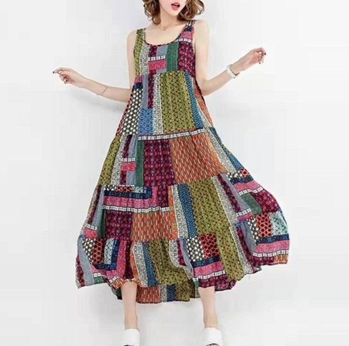 Printed Sleeveless Plus Size Midi Skirt in National Style