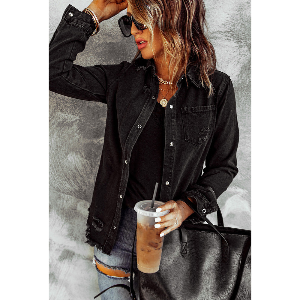 Black Ripped Denim Long Sleeve Coat Jacket for Women