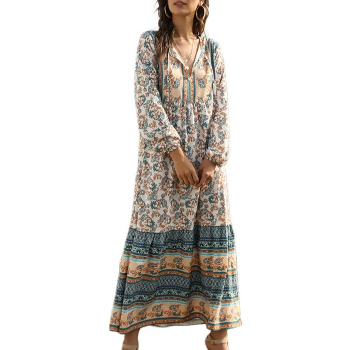 Long Bohemian Dress with Lace-Up Detail and Print