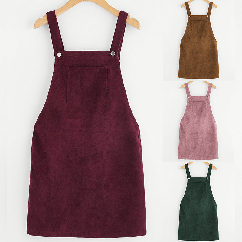 New Corduroy Slim Strap Dress in Solid Color with European and American Style