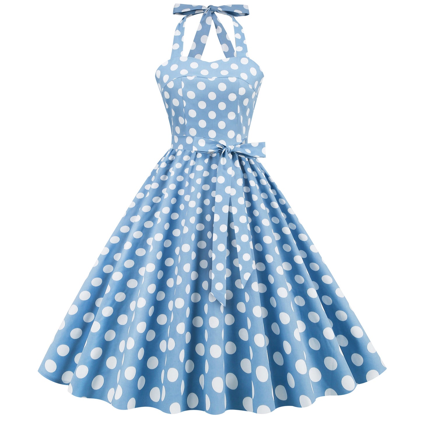 Vintage Polka Dot Halter Dress with Lace-Up Detail and Puff Sleeves