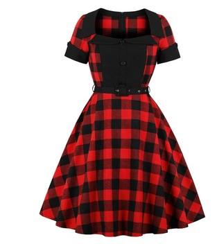 Retro Plaid square neck short sleeve skirt