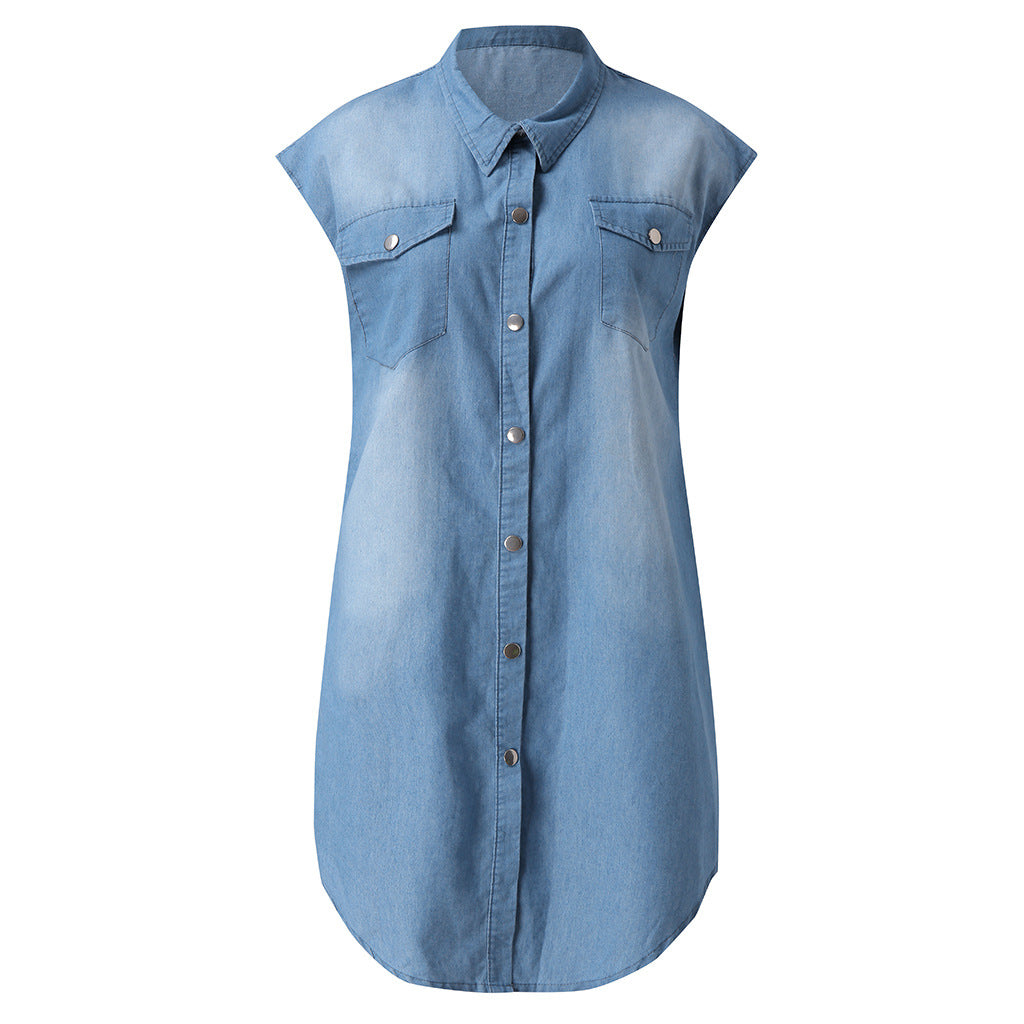 V-neck pullover short sleeve denim dress