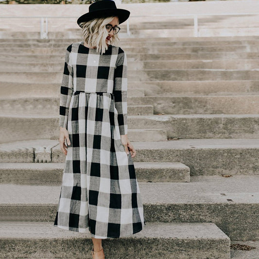 Checkered Women's Dress with a Round Neck