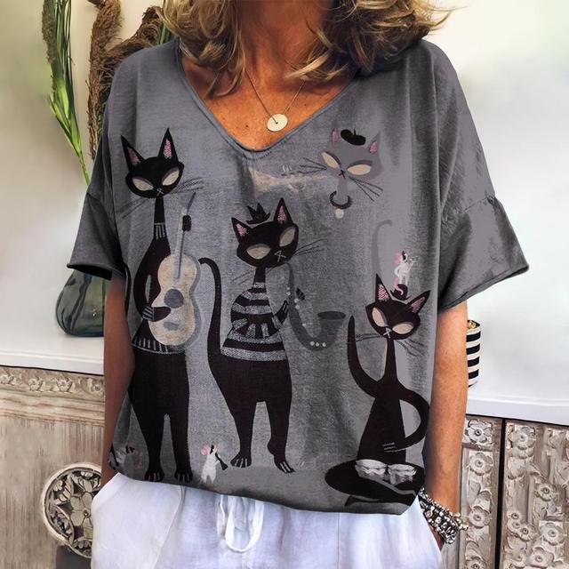 New Ladies T-Shirts Summer Short Sleeve Tops Kitten Graphics