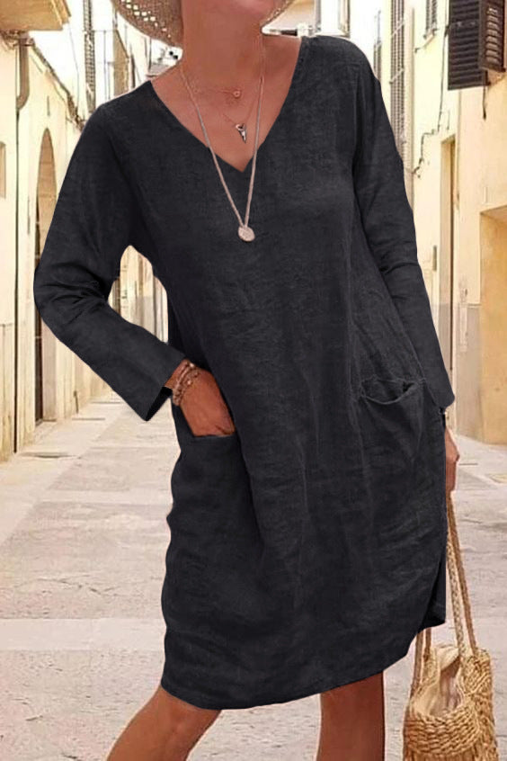 Cotton Linen V-Neck Dress with Pockets: Casual and Comfortable Women's Dress