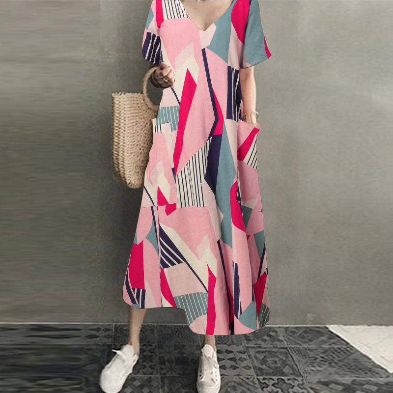 V-neck Long Shirt Dress with Print for Women