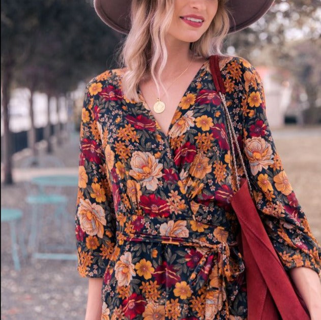 Printed Long Sleeve Retro Dress with Long Skirt