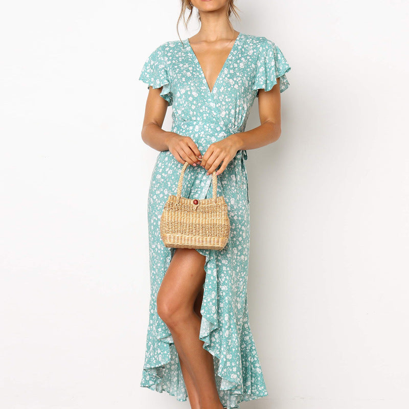 Step into Style with a Chiffon Print V-Neck High-Waist Lace-Up Dress.