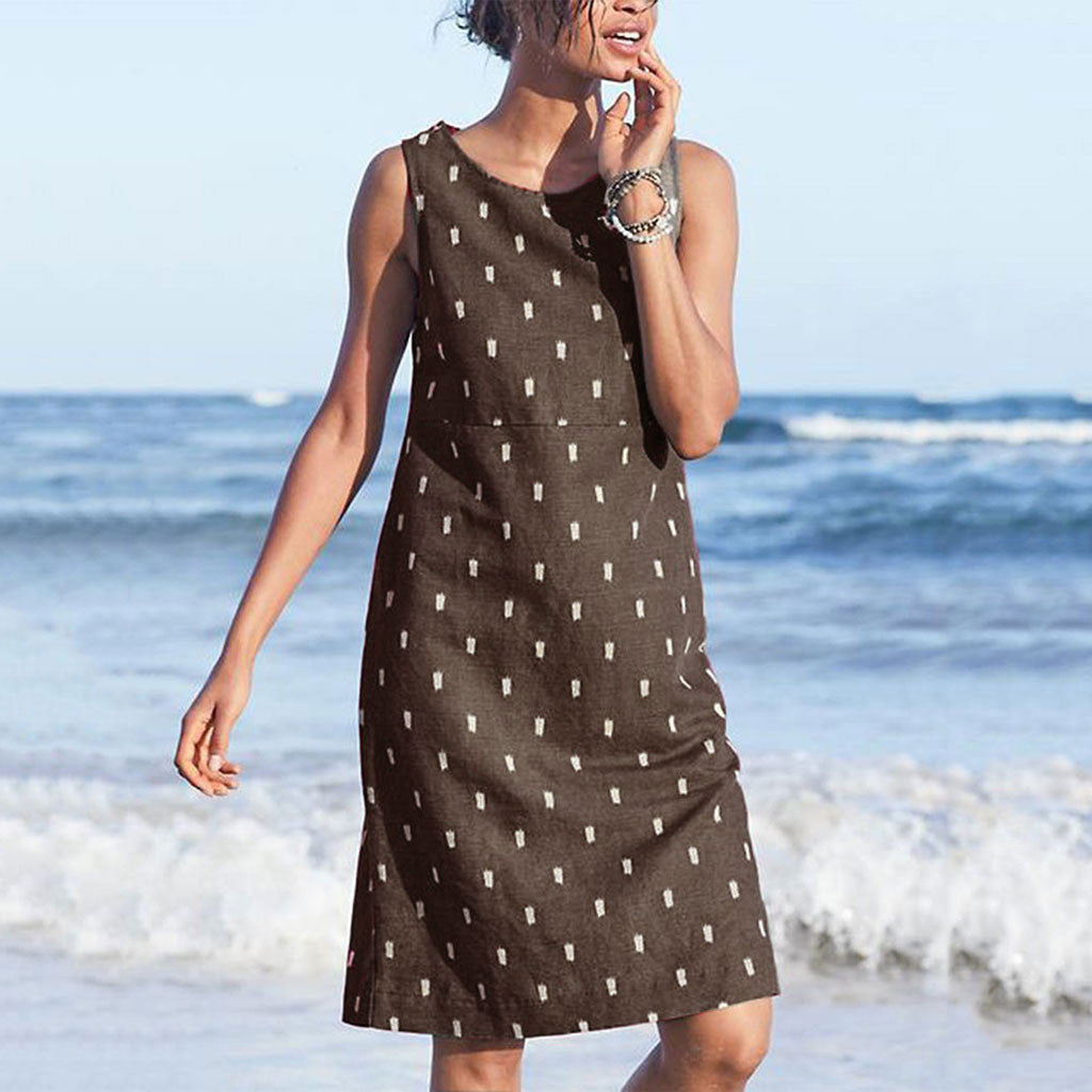 Sleeveless Round Neck Dress with Fashion Print