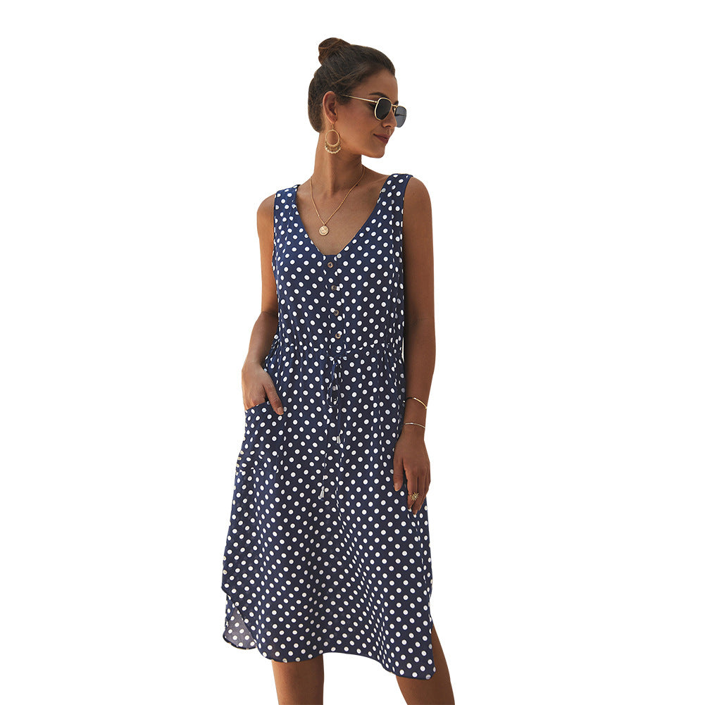 Sleeveless Polka Dot Dress with Side Slit, Button Closure, and Drawstring