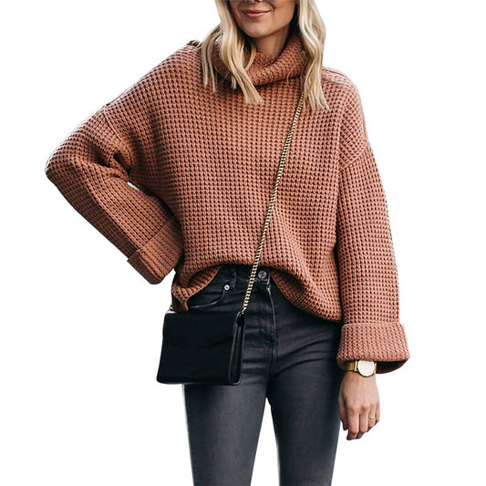 High-Collar Women's Sweater with a Loose Fit for Cozy Comfort.