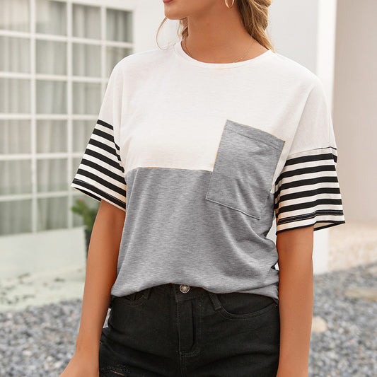 Women's Striped Patchwork Contrast Round Neck Short Sleeve Loose T-Shirt Top