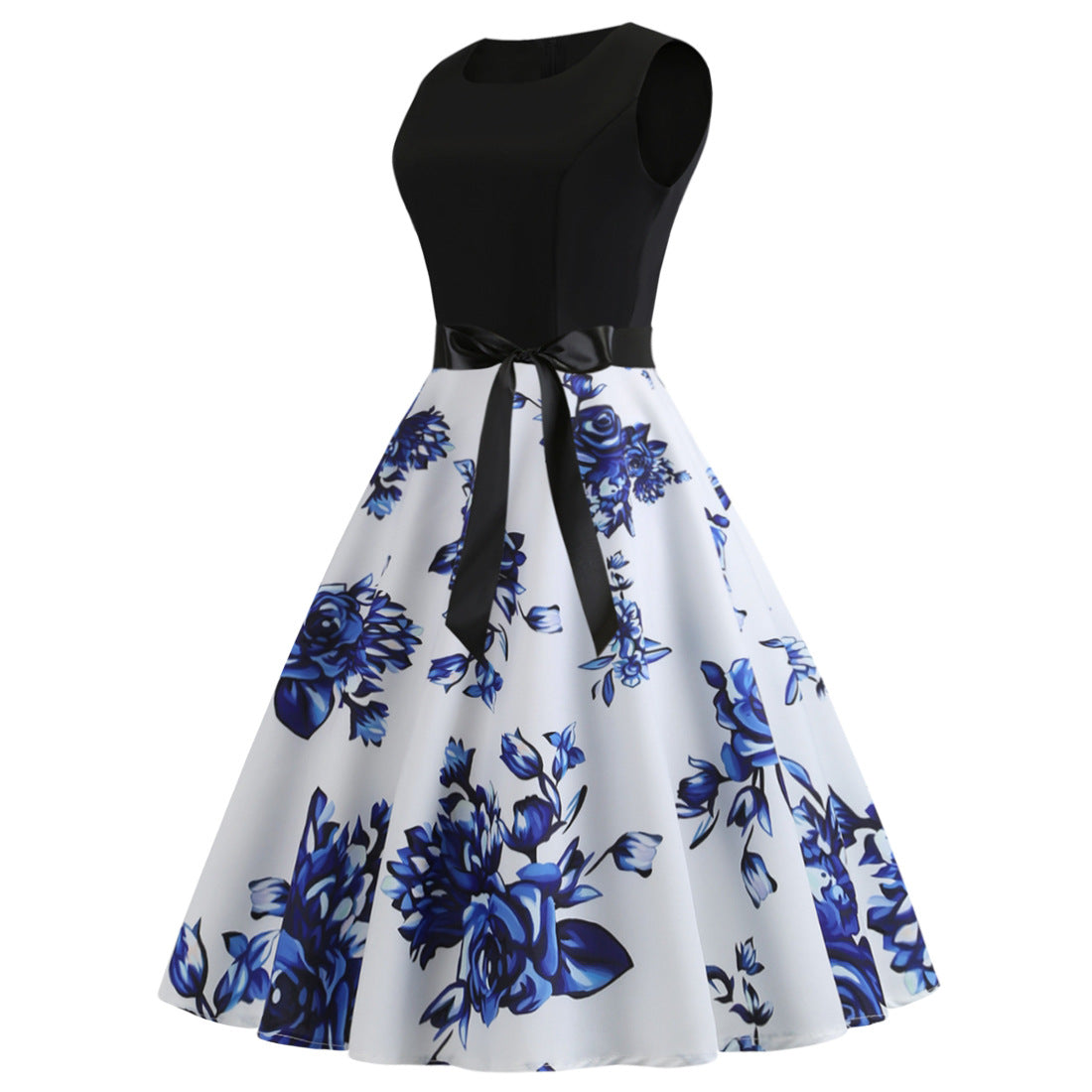 Summer Retro Crew Neck Sleeveless Stitching Printing Large Swing Ribbon Dress