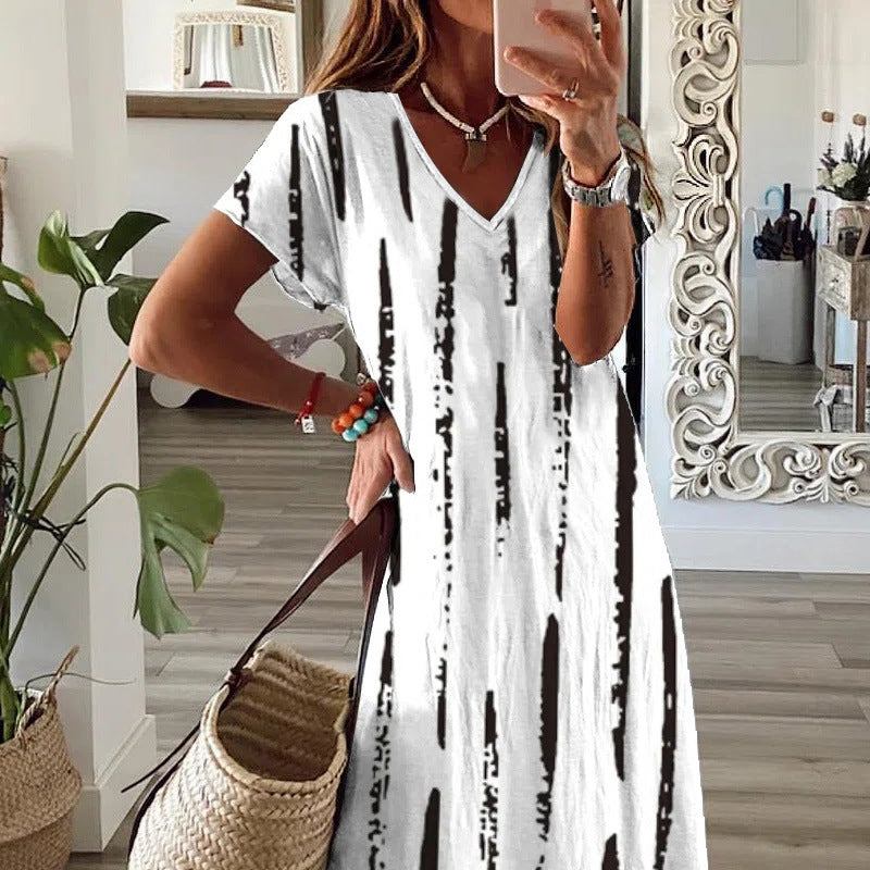 Women's Printed Short Sleeve Long Dress Slit V-Neck