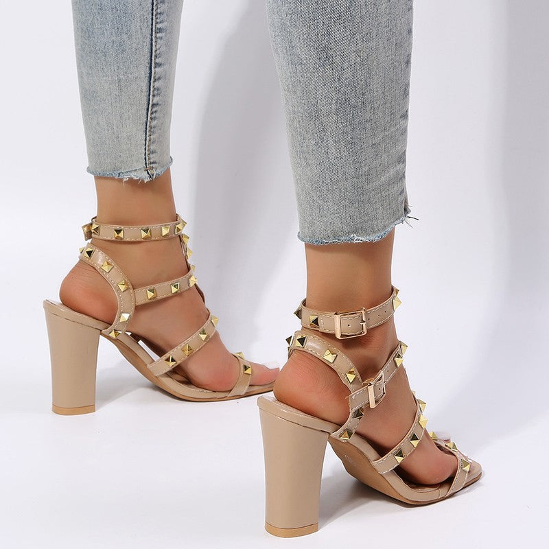 Gladiator High Heels: Women's Rivet Sandals with Buckle Strap and Square Toe