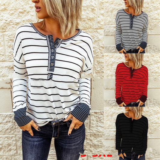 Fashion Knitted Striped Button Long-sleeved Women