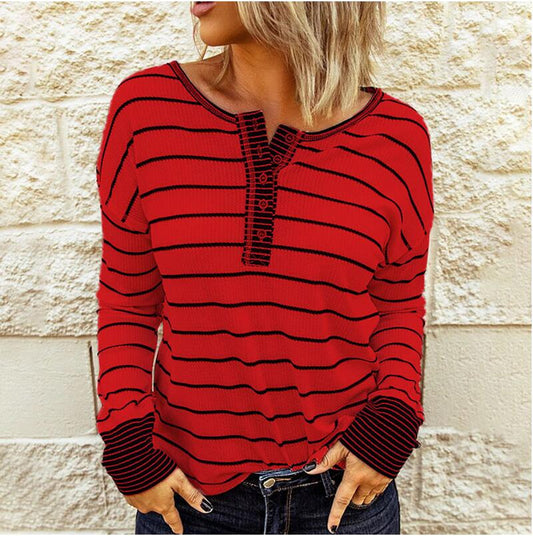 Fashion knitted striped long sleeve women T-shirt