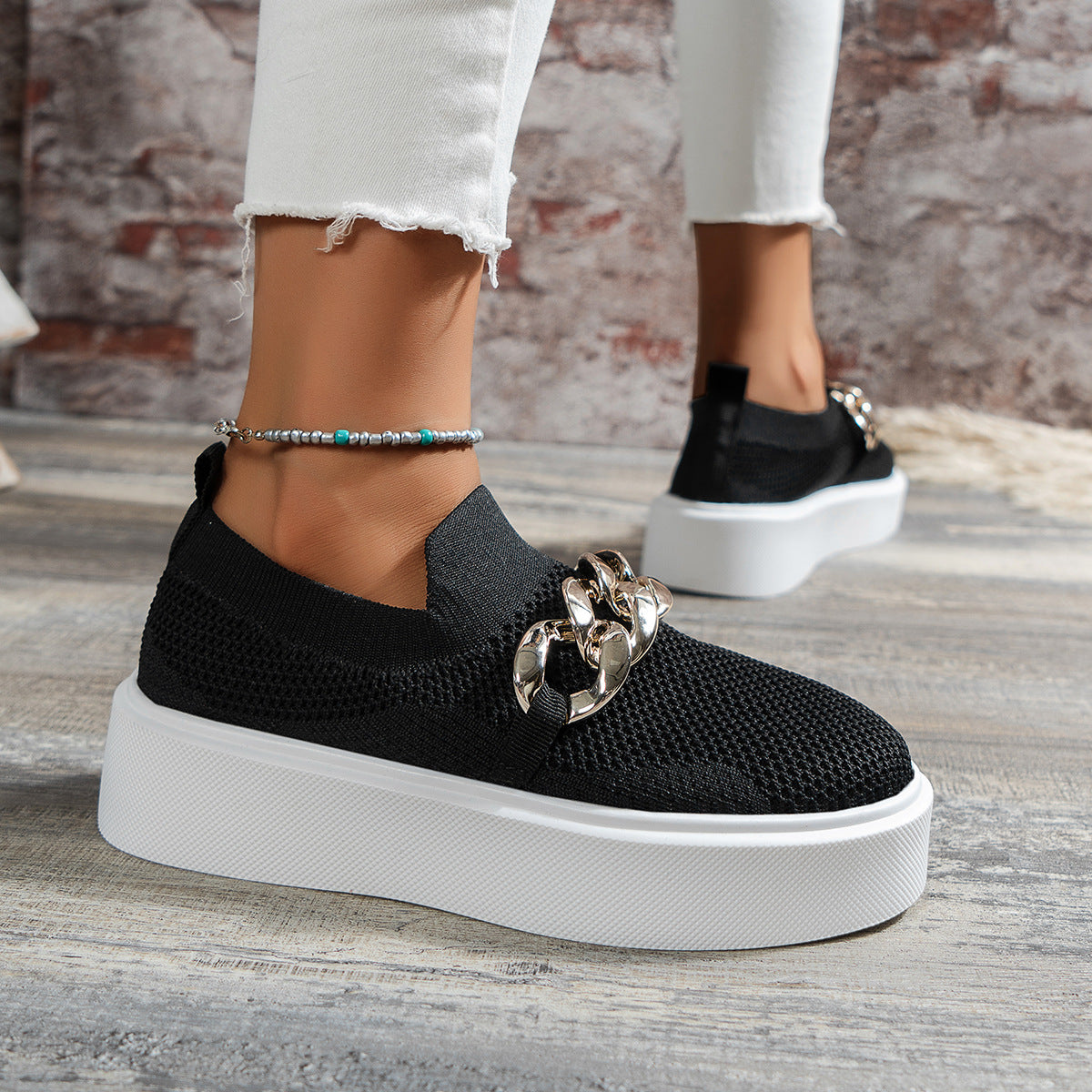 Women's Metal Chain Thick Sole Breathable Fly Knitted Shoes