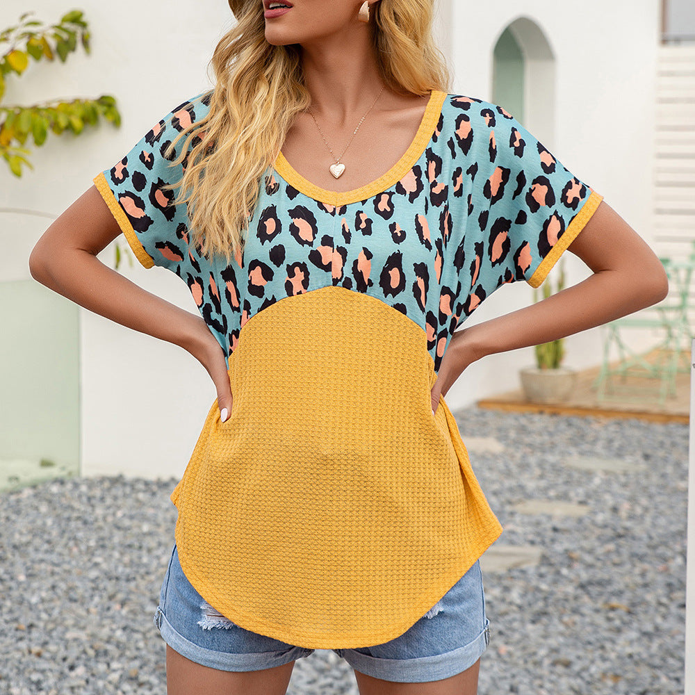 Women's Leopard Panel Waffle Short Sleeve V-Neck T-Shirt