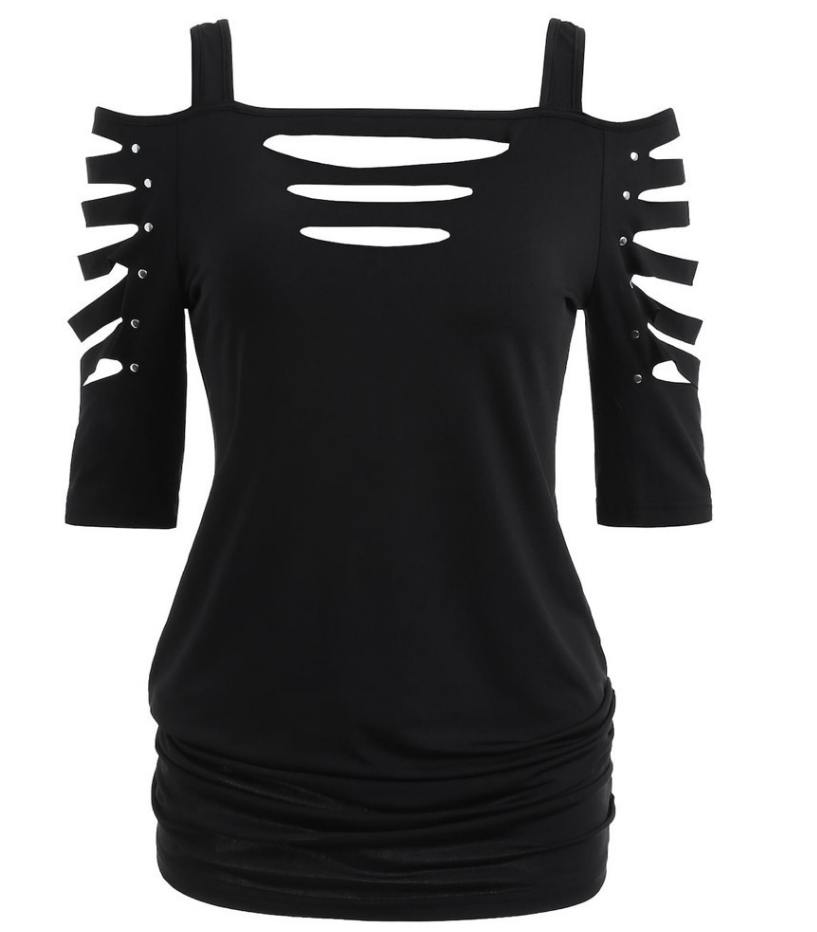 Women's Fashion Shoulder Cut-off Sleeve T-shirt Hollowed Leisure Top