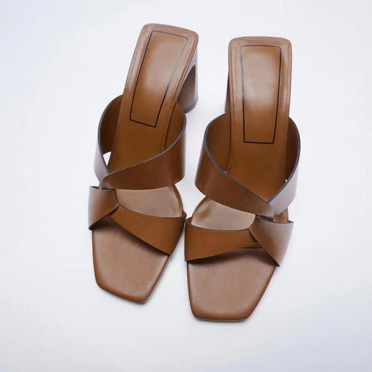 Women's Leather Square Toe High Heel Fashion Sandals