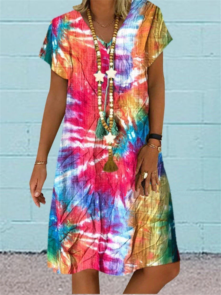 Short-Sleeved V-Neck Dress with a Multi-Color Print.