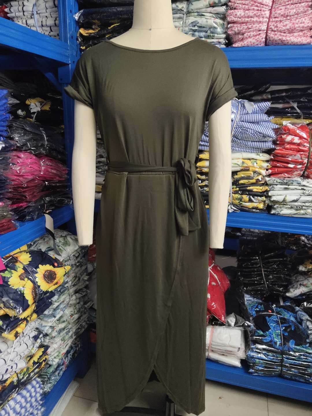 Irregular Short-Sleeved Slim Dress with Front Split