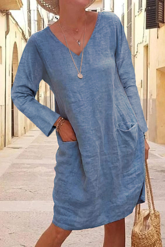 Cotton Linen V-Neck Dress with Pockets: Casual and Comfortable Women's Dress