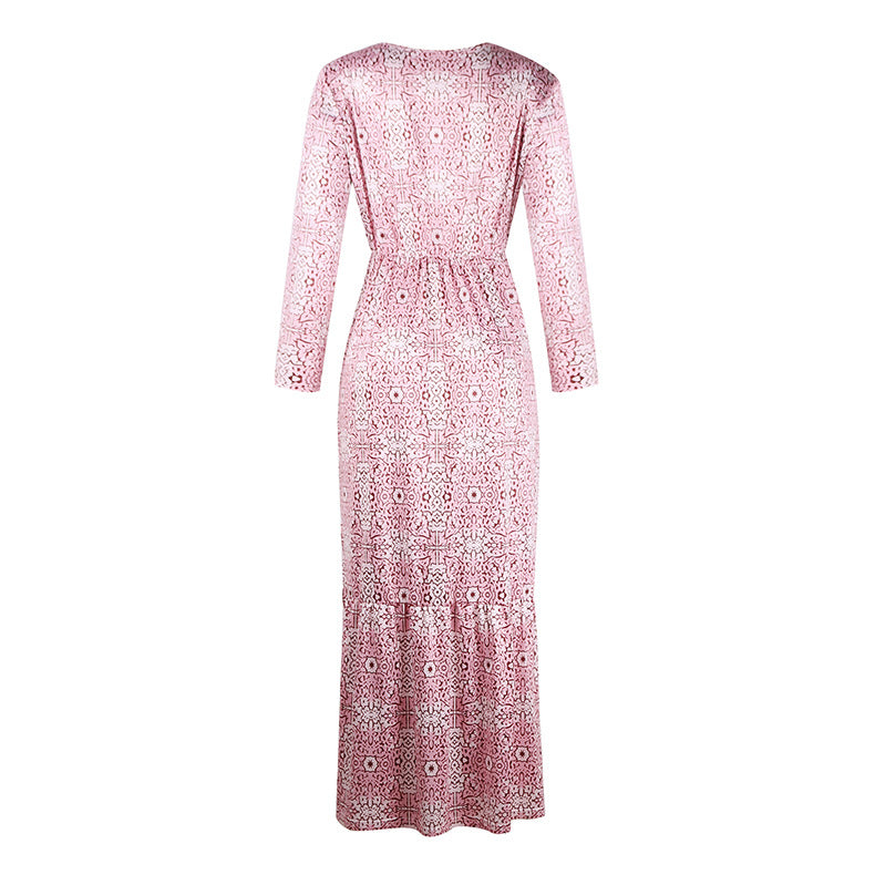 Long-Sleeved Maxi Dress with Printed Design and Split