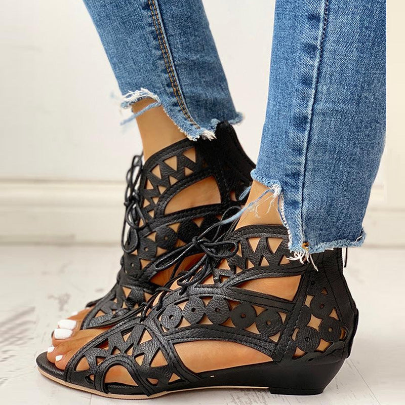 Lace-Up Front Fish Mouth Cutout Low Wedge Back Zip Ladies Sandals