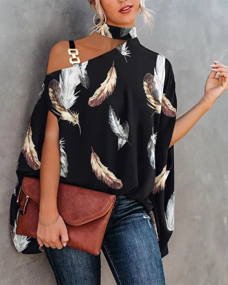 Fashionable Doll Sleeve Printed Shirt for Women