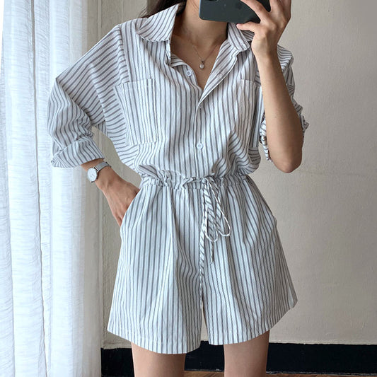 Women's Single Breasted Tie Waist Striped Shirt Style Jumpsuit