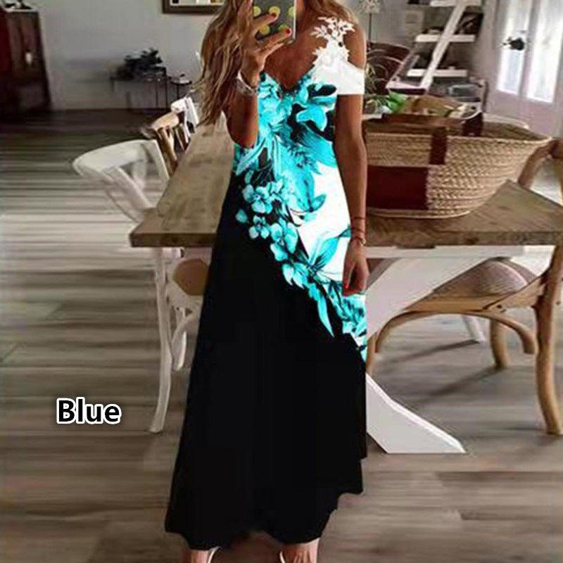 Women's Summer New Lace Sling V-neck Fashion Printed Loose Dress