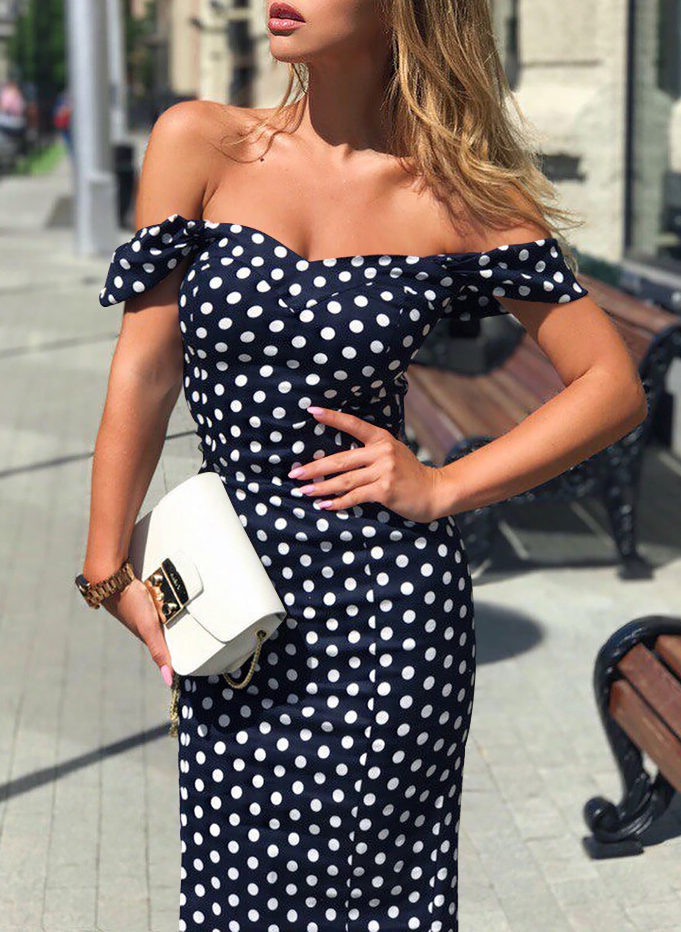 One-Shoulder Split Dress with Polka Dot Tube Top