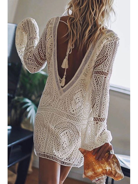 Long-Sleeved V-Neck Lace Long Dress