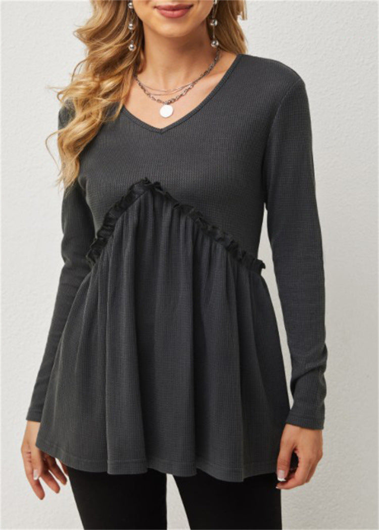 New Loose Ruffled Folded Loose V-neck T-shirt