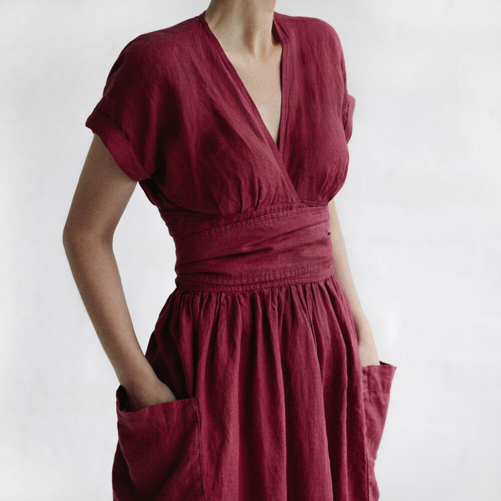 V-Neck Cotton and Linen Belt High-Waist Short-Sleeve Dress