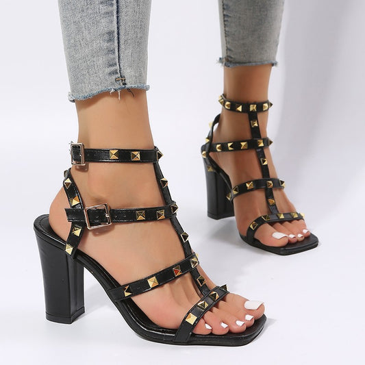 Gladiator High Heels: Women's Rivet Sandals with Buckle Strap and Square Toe