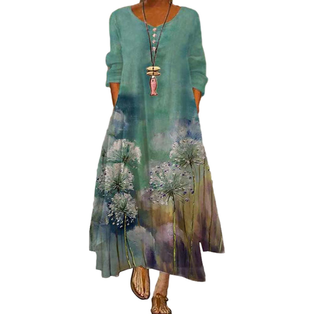 Printed Long-Sleeved Dress for Women with Irregular Hem Long Skirt